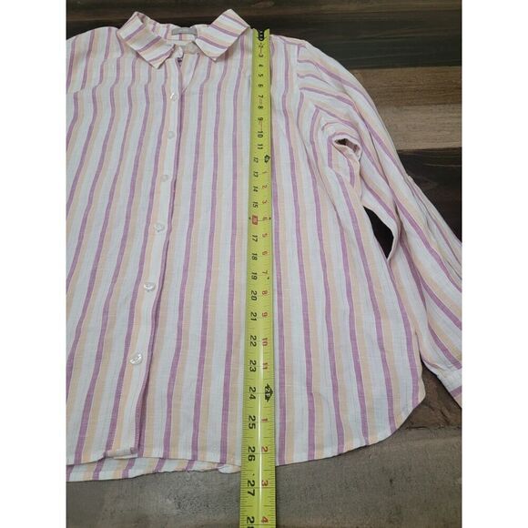 Chico's NO-IRON Linen Metallic Striped Roll-Tab Button Down Shirt Linen 12/14 - Picture 9 of 12